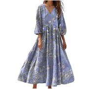 Summer Dresses for Women UK 3/4 Sleeve V Neck Plus Size Linen Dress Boho Maxi Kaftan Ladies Vintage Cotton Casual Italian Petite Swing Sundress Italy Holiday Beach Western Clothing 2026