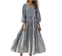 Summer Dresses for Women UK 3/4 Sleeve V Neck Plus Size Linen Dress Boho Maxi Kaftan Ladies Vintage Cotton Casual Italian Petite Swing Sundress Italy Holiday Beach Western Clothing 2026