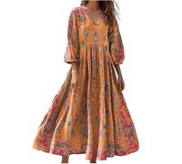 Summer Dresses for Women UK 3/4 Sleeve V Neck Plus Size Linen Dress Boho Maxi Kaftan Ladies Vintage Cotton Casual Italian Petite Swing Sundress Italy Holiday Beach Western Clothing 2026