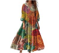 Summer Dresses for Women UK 3/4 Sleeve V Neck Plus Size Linen Dress Boho Maxi Kaftan Ladies Vintage Cotton Casual Italian Petite Swing Sundress Italy Holiday Beach Western Clothing 2026