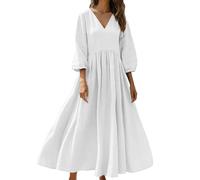 Summer Dresses for Women UK 3/4 Sleeve V Neck Plus Size Linen Dress Boho Maxi Kaftan Ladies Vintage Cotton Casual Italian Petite Swing Sundress Italy Holiday Beach Western Clothing 2026