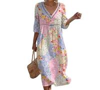 Summer Dresses for Women UK Abstract Print Maxi Dress V Neck 3/4 Sleeve Beach Sundress Boho Long Dress Colourful Casual Holiday Dresses for Women Vacation
