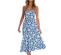 Summer Dresses for Women UK Bohemian Floral Printed Strapless Party Long Dress Sleeveless Boob Tube Top Dress Smocked Tiered Flowy Beach Sundress Vacation Loose Maxi Dresses