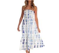 Summer Dresses for Women UK Bohemian Floral Printed Strapless Party Long Dress Sleeveless Boob Tube Top Dress Smocked Tiered Flowy Beach Sundress Vacation Loose Maxi Dresses
