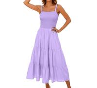 Summer Dresses for Women UK Bohemian Smocked Tiered Long Beach Sun Dresses Sleeveless Solid Maxi Dress Ladies Floral Swing Sundresses with Spaghetti Straps Solid Color Petite Sexy Dress