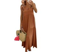 Summer Dresses for Women UK Bohemian Smocked Tiered Long Beach Sun Dresses Sleeveless Solid Maxi Dress Ladies Floral Swing Dress with Spaghetti Straps Plus Size Orange M