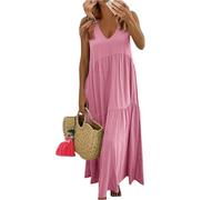 Summer Dresses for Women UK Bohemian Smocked Tiered Long Beach Sun Dresses Sleeveless Solid Maxi Dress Ladies Floral Swing Dress with Spaghetti Straps Plus Size Pink 4XL