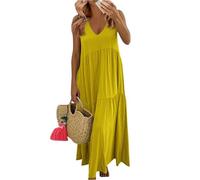 Summer Dresses for Women UK Bohemian Smocked Tiered Long Beach Sun Dresses Sleeveless Solid Maxi Dress Ladies Floral Swing Dress with Spaghetti Straps Plus Size Yellow 4XL