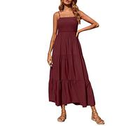 Summer Dresses for Women UK Bohemian Smocked Tiered Long Beach Sun Dresses Sleeveless Solid Maxi Dress Ladies Floral Swing Dress with Spaghetti Straps Petite Holiday Wear Red-2 XXL
