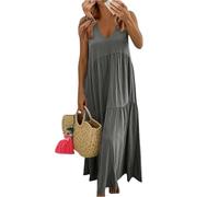 Summer Dresses for Women UK Bohemian Smocked Tiered Long Beach Sun Dresses Sleeveless Solid Maxi Dress Ladies Floral Swing Dress with Spaghetti Straps Plus Size GY1 XXL