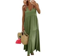 Summer Dresses for Women UK Bohemian Smocked Tiered Long Beach Sun Dresses Sleeveless Solid Maxi Dress Ladies Floral Swing Dress with Spaghetti Straps Plus Size Green M