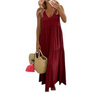 Summer Dresses for Women UK Bohemian Smocked Tiered Long Beach Sun Dresses Sleeveless Solid Maxi Dress Ladies Floral Swing Dress with Spaghetti Straps Plus Size Red M