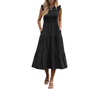 Summer Dresses for Women UK Boho Dress Occasion Long Linen Milkmaid Sundress Black Crochet Dresses for Women UK White Spaghetti Strap Beach Over 50 Ladies Midi Summer Floral Dress, Black XXL