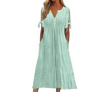 Summer Dresses for Women UK Boho Dresses for Women Plus Size Summer Long Dress Short Sleeve Petite V-Neck Button Clothes with Pockets Holiday Causal Vacation Beach Party Loose Fit Clothing