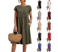 Summer Dresses for Women UK Casual Vintage Short Sleeve Tunic Midi Shirt Dress with Pockets Ladies Elegant Comfy Plus Size A-Line Dress Green, XXXXXL