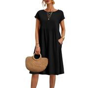 Summer Dresses for Women UK Casual Vintage Short Sleeve Tunic Midi Shirt Dress with Pockets Ladies Elegant Comfy Plus Size A-Line Dress Black, XXXXXL