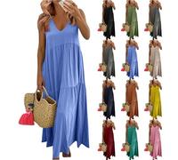 Summer Dresses for Women UK Causal V Neck Long Maxi Sundress Sleeveless Vacation Dress with Pockets Holidays Beach Ladies Dress Fashion Elegant Wedding Guest Dresses Flowy Swing Sundress