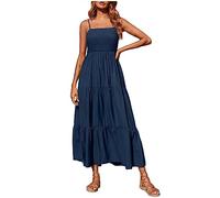 Summer Dresses for Women UK Clearance Bohemian Smocked Tiered Long Beach Sun Dresses Sleeveless Solid Maxi Dress Ladies Floral Swing Dresses with Spaghetti Straps Petite Sexy Dresses S-5XL
