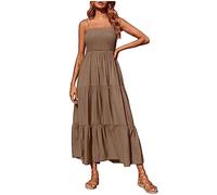 Summer Dresses for Women UK Clearance Bohemian Smocked Tiered Long Beach Sun Dresses Sleeveless Solid Maxi Dress Ladies Floral Swing Dresses with Spaghetti Straps Petite Sexy Dresses S-5XL