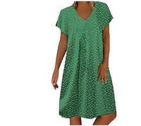Summer Dresses for Women UK Clearance Cotton Linen Dress Plus Size Beach Midi Dresses Vintage Short Sleeve V Neck Dress Loose Casual Party Dress A-line Swing Holiday Sundress S-3XL Green