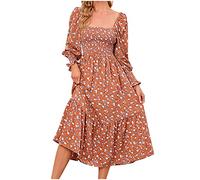 Summer Dresses for Women UK Clearance Floral Printing Chiffon Dress Square Neck Lantern Long Sleeve Dress A Line Smocked Midi Dress for Women Casual Loose Boho Long Dress Holiday Daily Outfits