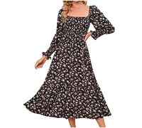 Summer Dresses for Women UK Clearance Floral Printing Chiffon Dress Square Neck Lantern Long Sleeve Dress A Line Smocked Midi Dress for Women Casual Loose Boho Long Dress Holiday Daily Outfits