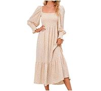 Summer Dresses for Women UK Clearance Floral Printing Chiffon Dress Square Neck Lantern Long Sleeve Dress A Line Smocked Midi Dress for Women Casual Loose Boho Long Dress Holiday Daily Outfits