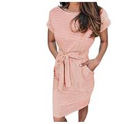 Summer Dresses for Women UK Clearance Ladies Dresses Casual Beach Sundresses Crewneck Short Sleeve Striped Printing Loose Tshirts Dresses Beach A Line Flowy Dress with Pockets