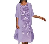 Summer Dresses for Women UK Clearance Womens Boho Floral Flowy Midi Dresses with Cardigan 2 Piece Set 3/4 Sleeve Summer Casual Formal Cocktail Wedding Guest Chiffon Dress