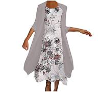 Summer Dresses for Women UK Clearance Womens Boho Floral Flowy Midi Dresses with Cardigan 2 Piece Set 3/4 Sleeve Summer Casual Formal Cocktail Wedding Guest Chiffon Dress
