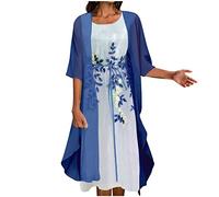 Summer Dresses for Women UK Clearance Womens Boho Floral Flowy Midi Dresses with Cardigan 2 Piece Set 3/4 Sleeve Summer Casual Formal Cocktail Wedding Guest Chiffon Dress
