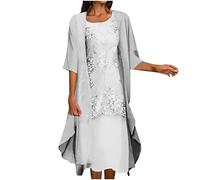Summer Dresses for Women UK Clearance Womens Boho Floral Flowy Midi Dresses with Cardigan 2 Piece Set 3/4 Sleeve Summer Casual Formal Cocktail Wedding Guest Chiffon Dress