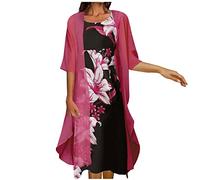 Summer Dresses for Women UK Clearance Womens Boho Floral Flowy Midi Dresses with Cardigan 2 Piece Set 3/4 Sleeve Summer Casual Formal Cocktail Wedding Guest Chiffon Dress