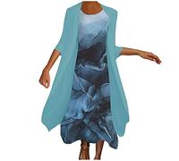 Summer Dresses for Women UK Clearance Womens Boho Floral Flowy Midi Dresses with Cardigan 2 Piece Set 3/4 Sleeve Summer Casual Formal Cocktail Wedding Guest Chiffon Dress