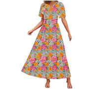 Summer Dresses for Women UK Clearance Women's Summer Floral V Neck Maxi Dress Short Sleeve High Waist A Line Tiered Flowy Boho Vacation Dresses Loose Beach Long Dress 2025