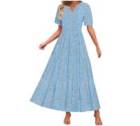 Summer Dresses for Women UK Clearance Women's Summer Floral V Neck Maxi Dress Short Sleeve High Waist A Line Tiered Flowy Boho Vacation Dresses Loose Beach Long Dress 2025