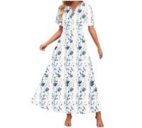Summer Dresses for Women UK Clearance Women's Summer Floral V Neck Maxi Dress Short Sleeve High Waist A Line Tiered Flowy Boho Vacation Dresses Loose Beach Long Dress 2025