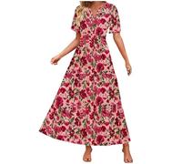 Summer Dresses for Women UK Clearance Women's Summer Floral V Neck Maxi Dress Short Sleeve High Waist A Line Tiered Flowy Boho Vacation Dresses Loose Beach Long Dress 2025