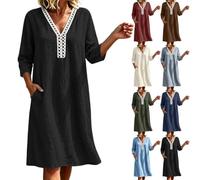 Summer Dresses for Women UK Cotton Linen 3/4 Sleeve Lace V-Neck Botton Boho Midi Dress with Pockets Solid Color Loose Petite A Line Dress Bohemian Womens Summer Dresses Beach Holiday Daily