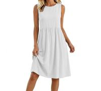 Summer Dresses for Women UK Cotton Linen Casual Sleeveless Crew Neck Tank Sundresses A Line Midi Pleated Swing Beach Boho Dress with Pockets Knee Length for Holiday Vacation Party Evening