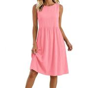 Summer Dresses for Women UK Cotton Linen Casual Sleeveless Crew Neck Tank Sundresses A Line Midi Pleated Swing Beach Boho Dress with Pockets Knee Length for Holiday Vacation Party Evening