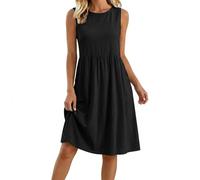 Summer Dresses for Women UK Cotton Linen Casual Sleeveless Crew Neck Tank Sundresses A Line Midi Pleated Swing Beach Boho Dress with Pockets Knee Length for Holiday Vacation Party Evening