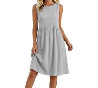 Summer Dresses for Women UK Cotton Linen Casual Sleeveless Crew Neck Tank Sundresses A Line Midi Pleated Swing Beach Boho Dress with Pockets Knee Length for Holiday Vacation Party Evening