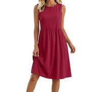 Summer Dresses for Women UK Cotton Linen Casual Sleeveless Crew Neck Tank Sundresses A Line Midi Pleated Swing Beach Boho Dress with Pockets Knee Length for Holiday Vacation Party Evening