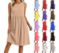 Summer Dresses for Women UK Cotton Linen Casual Sleeveless Crew Neck Tank Sundresses A Line Midi Pleated Swing Beach Boho Dress with Pockets Knee Length for Holiday Vacation Party Evening