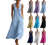 Summer Dresses for Women UK Cotton Linen Deep V Neck Button Sleeveless Dress Casual Solid Color Maxi Loose Fit Flowy Dresses Lightweight Comfy Holiday Dress Beach Vacation Sundress Blue