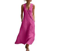 Summer Dresses for Women UK Cotton Linen Deep V Neck Button Sleeveless Dress Casual Solid Color Maxi Loose Fit Flowy Dresses Lightweight Comfy Holiday Dress Beach Vacation Sundress Hot Pink