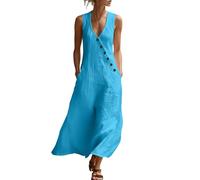 Summer Dresses for Women UK Cotton Linen Deep V Neck Button Sleeveless Dress Casual Solid Color Maxi Loose Fit Flowy Dresses Lightweight Comfy Holiday Dress Beach Vacation Sundress Sky Blue