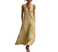 Summer Dresses for Women UK Cotton Linen Deep V Neck Button Sleeveless Dress Casual Solid Color Maxi Loose Fit Flowy Dresses Lightweight Comfy Holiday Dress Beach Vacation Sundress Yellow