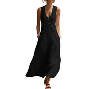 Summer Dresses for Women UK Cotton Linen Deep V Neck Button Sleeveless Dress Casual Solid Color Maxi Loose Fit Flowy Dresses Lightweight Comfy Holiday Dress Beach Vacation Sundress Black